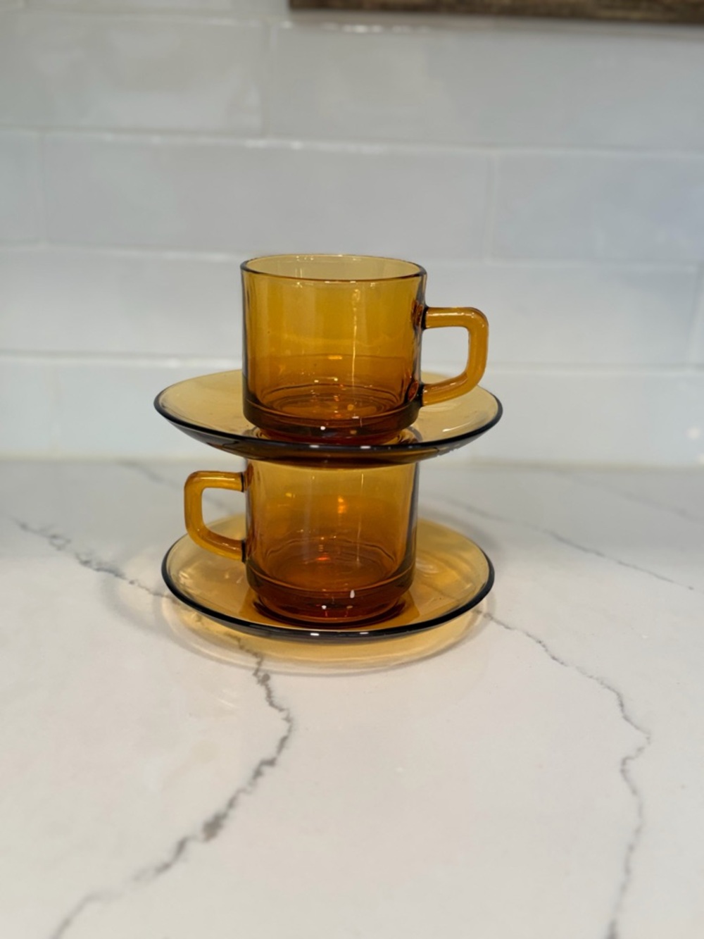 Vintage Amber Glass Mugs with Saucers